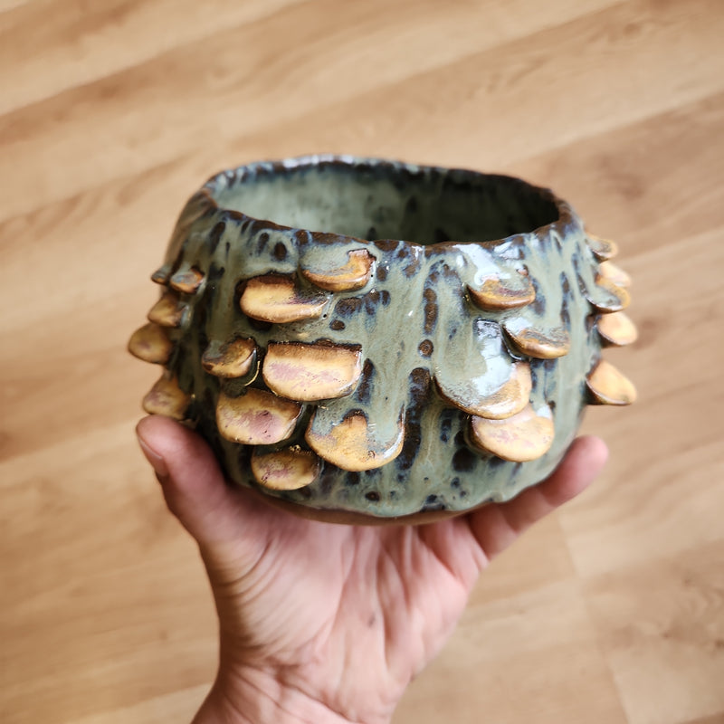 Lichen Green Fungus Pot - handbuilt - one of a kind