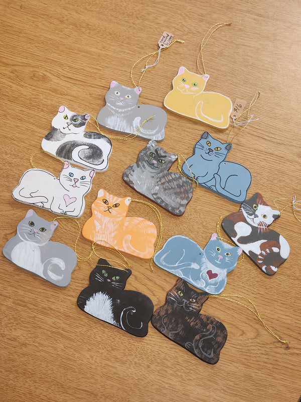 Hand Painted Wooden Cat Ornament - 1 Each, design varies