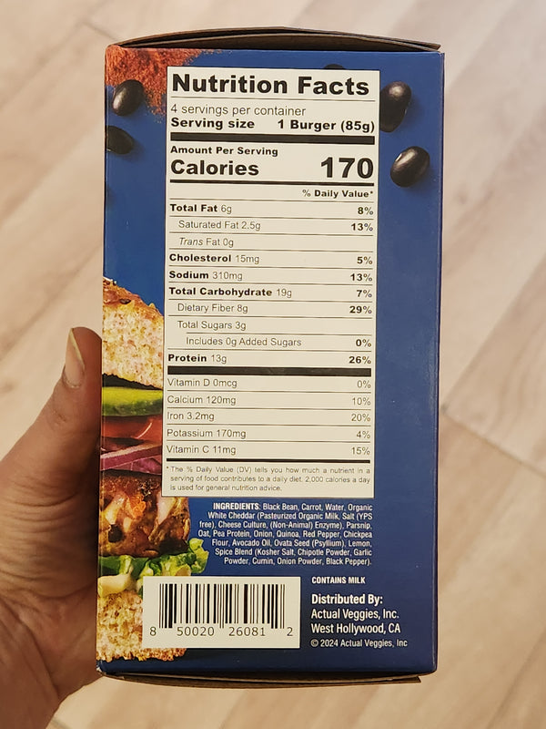 Actual Veggies - Chipotle Cheddar Black Bean Burger - 4x 3 oz patties - Frozen - LOCAL PICKUP ONLY