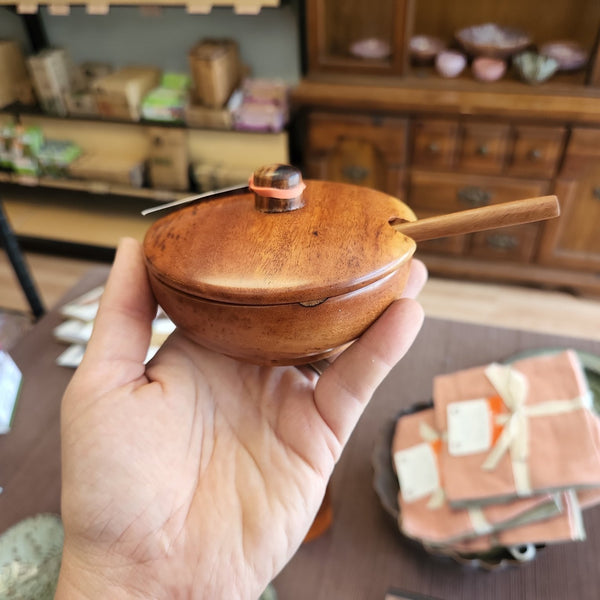 Tropical Hardwood Lidded Spice Bowl With Spoon - Fair Trade - Sustainably Harvested