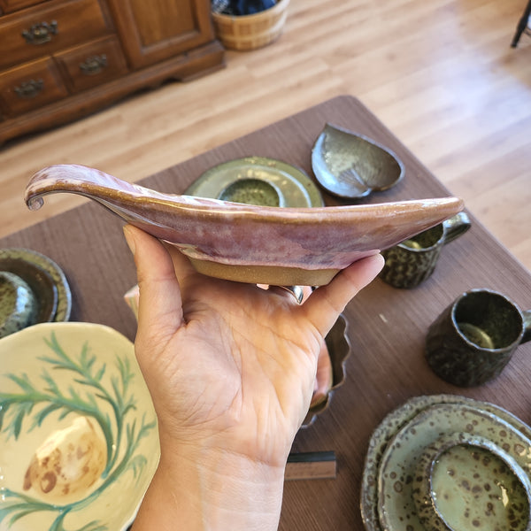 Medium Hosta Leaf Dish with Foot - Hand Built Pottery by Authentic Arts