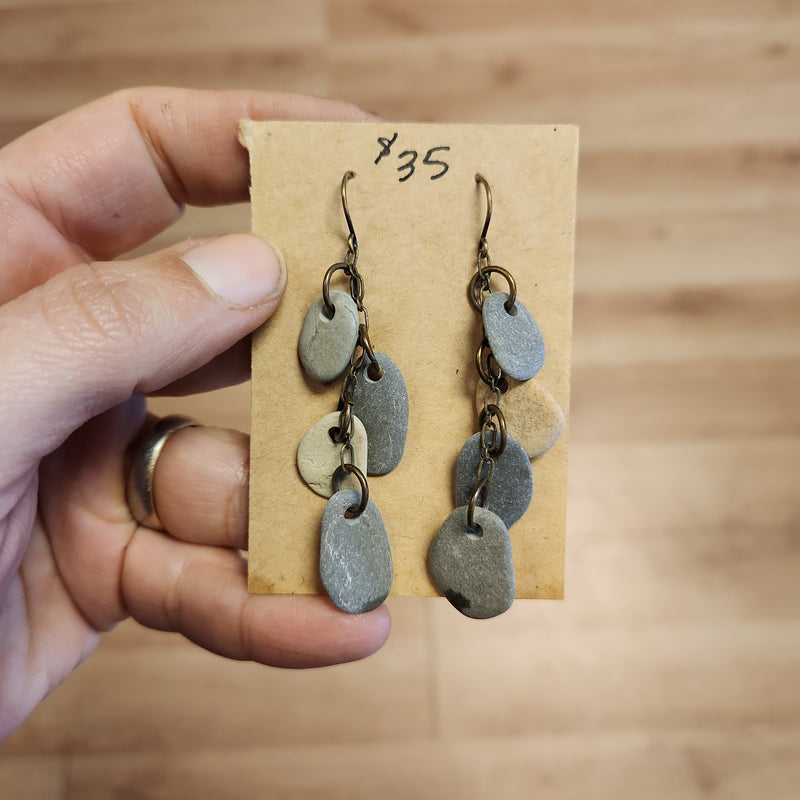 River Stone Earrings - Quadruple Stones - Lake Michigan Stones