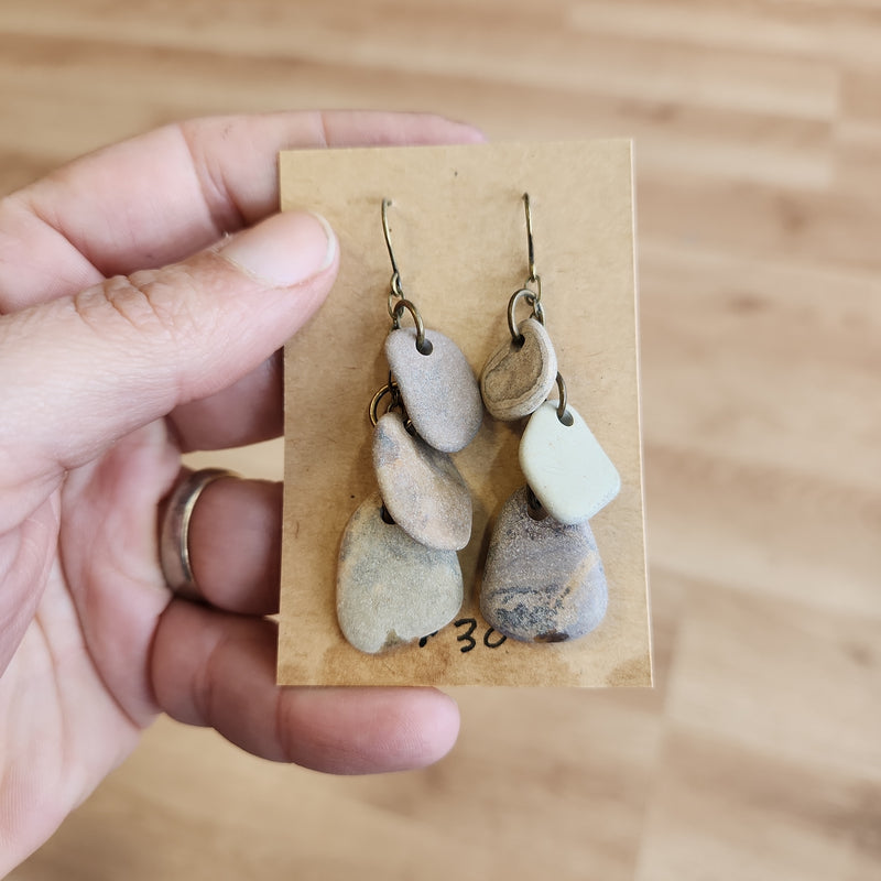 River Stone Earrings - Triple Stones - Lake Michigan Stones