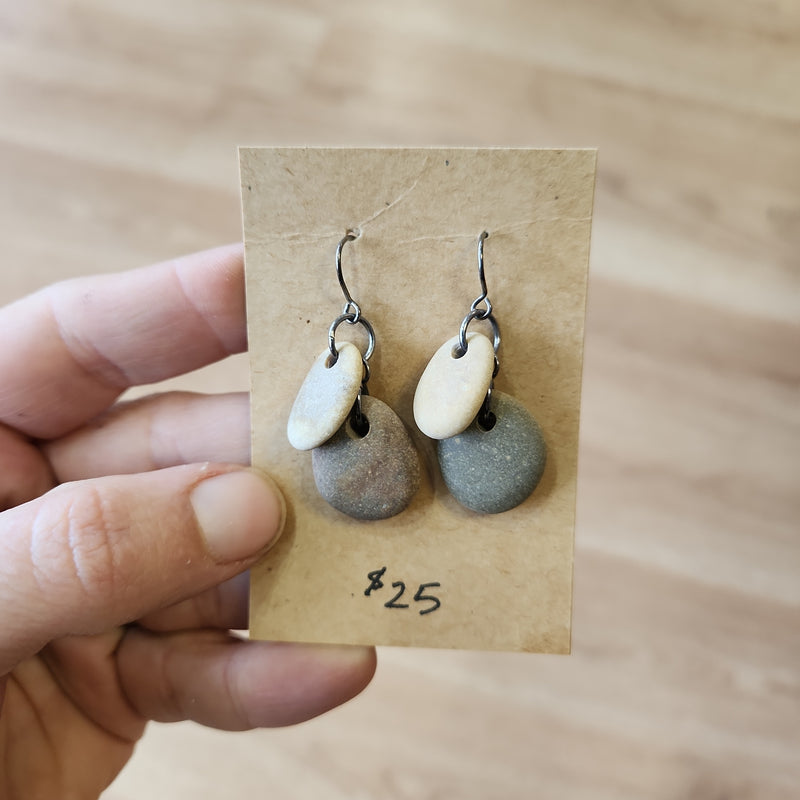 River Stone Earrings - Double Stones - Lake Michigan Stones