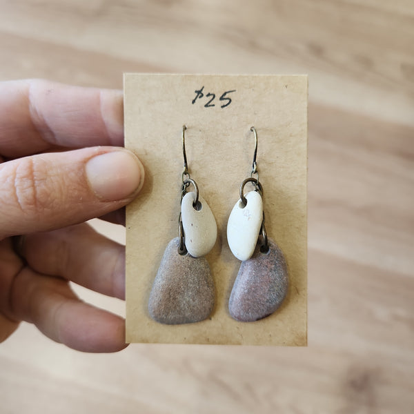 River Stone Earrings - Double Stones - Lake Michigan Stones