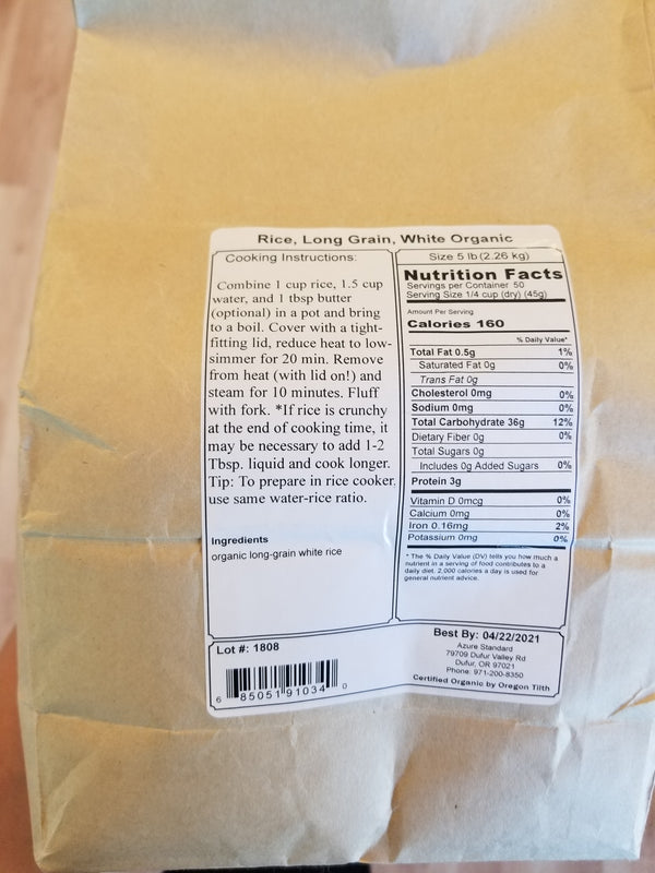 Organic White Rice - Long Grain - 5 lbs